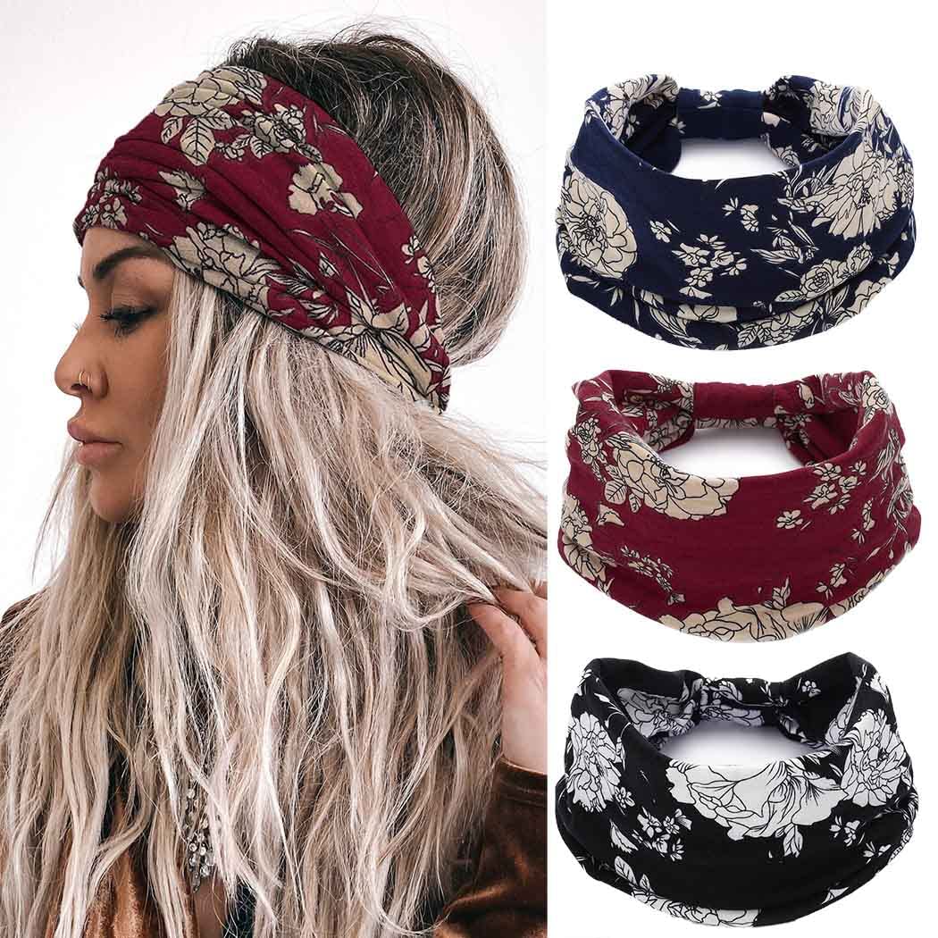 Aceorna Boho Headbands Wide Knotted Hairbands Stretch Turban Head Bands Elastic Cotton Workout Hair Bands Floral Yoga Sweetbands Bohemia Head Wraps for Women and Girls 3 Pcs (Printed 1)