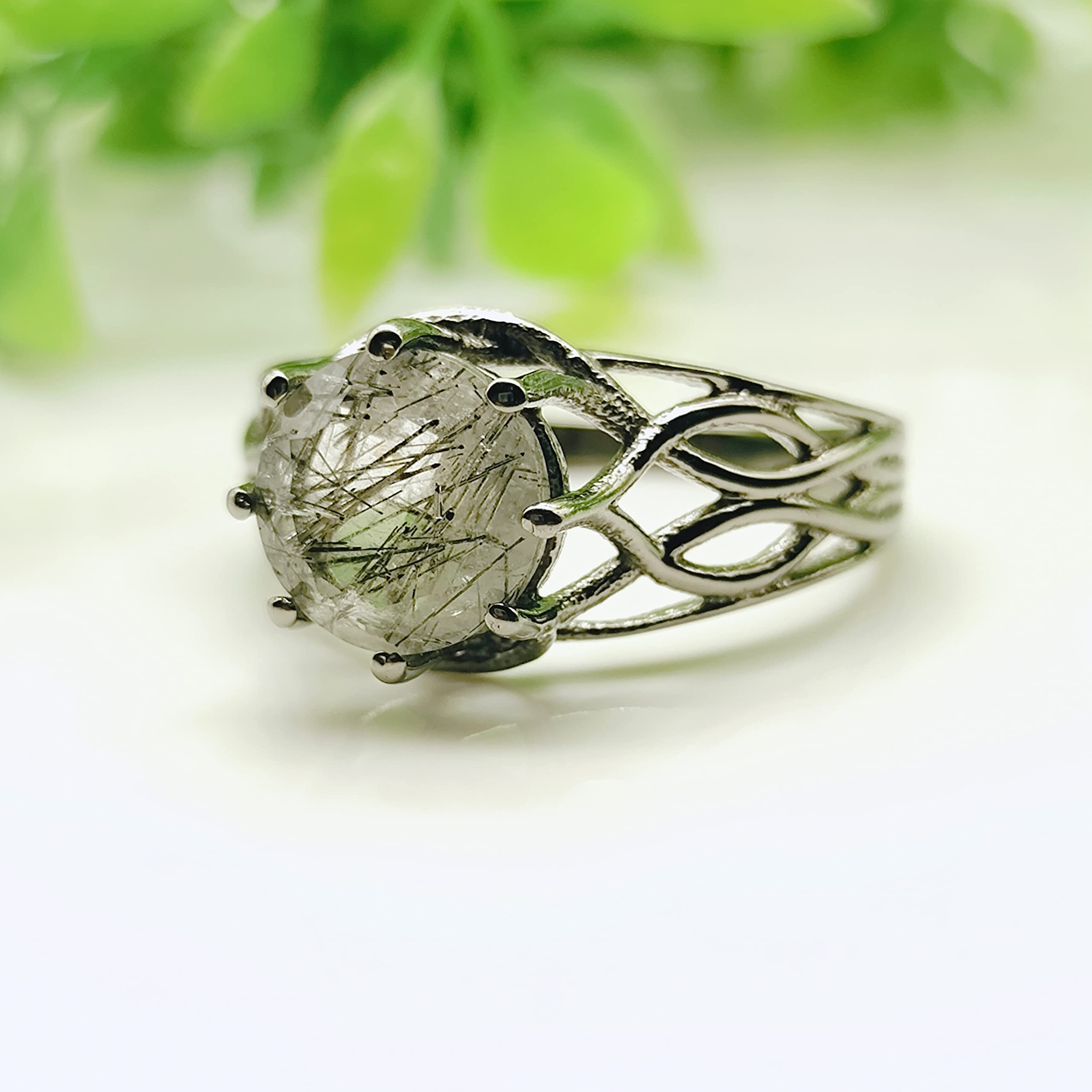 Natural Black Rutilated Quartz Ring For Women Round Shaped Gold Ring 925 Sterling Silver Ring Delicate Ring Statement Ring Promise Ring For Women Gift By FOREVER GEMS & JEWELS Rose Gold/Green/White