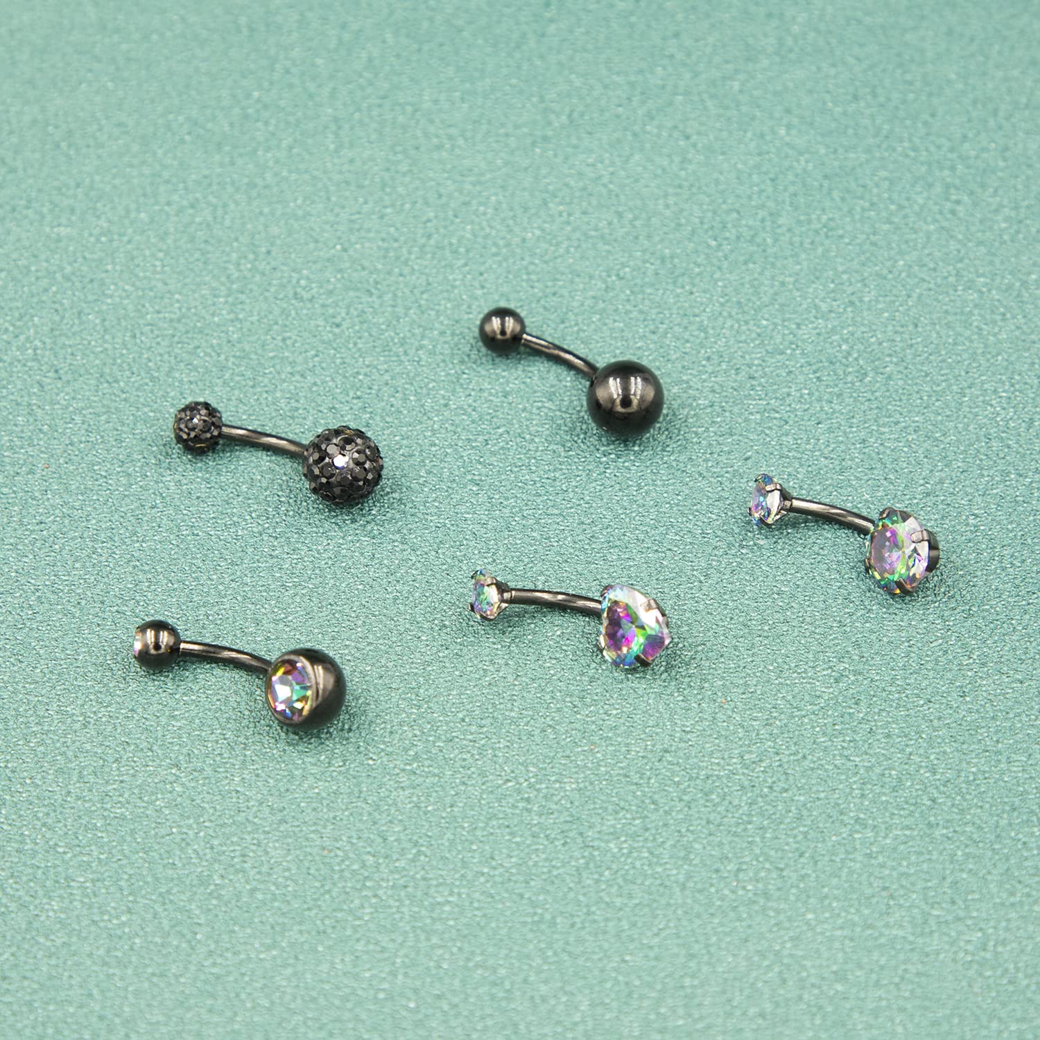 14G Belly Button Ring Stainless Steel Black Navel Ring for Women Clear Round Heart CZ Crystal Belly Bar Body Piercing Internally Threaded Barbell Belly Jewelry Black 5PCS (5PCS Belly Button Ring-Black)