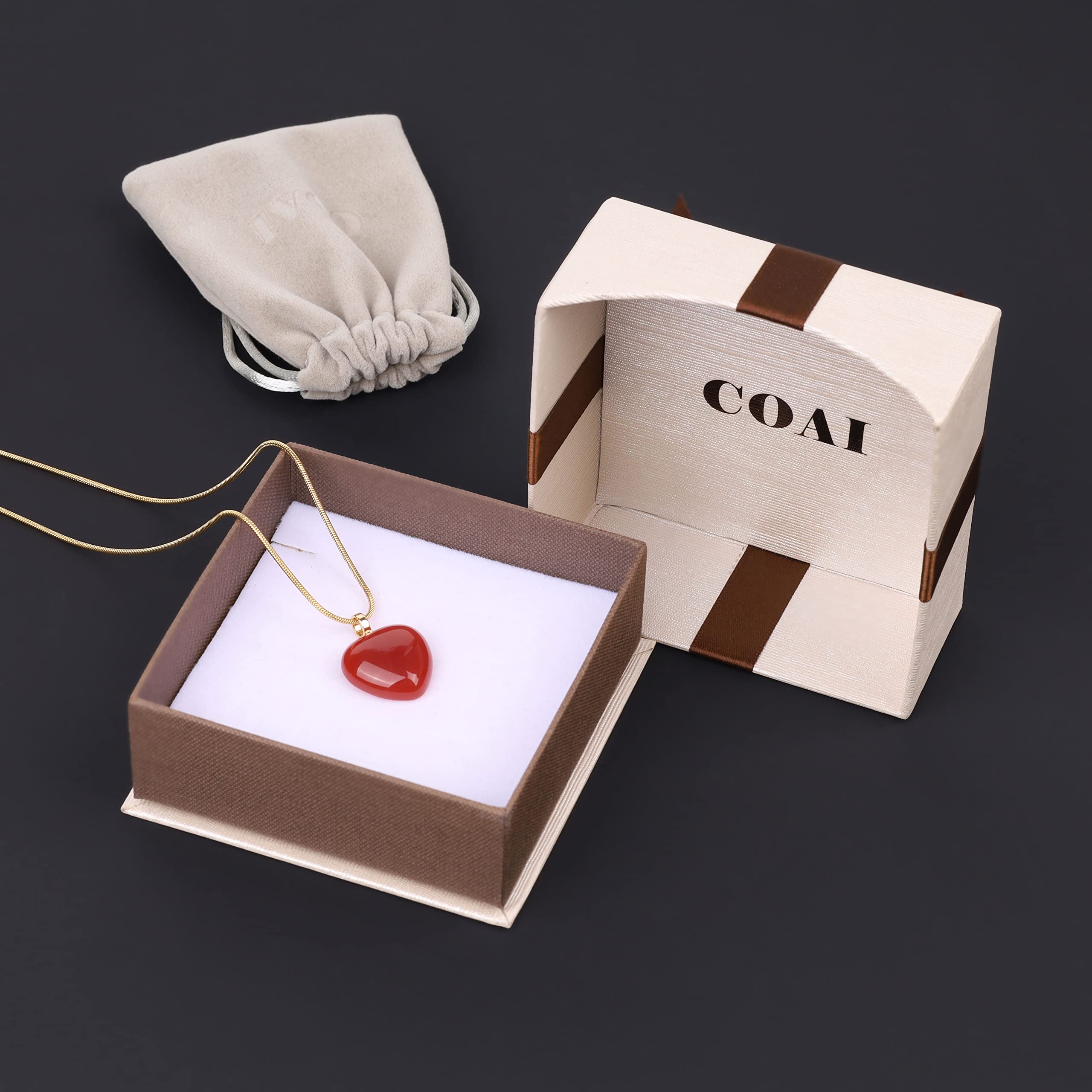 COAI Snake Chain Heart Red Carnelian Stone Pendant Necklace