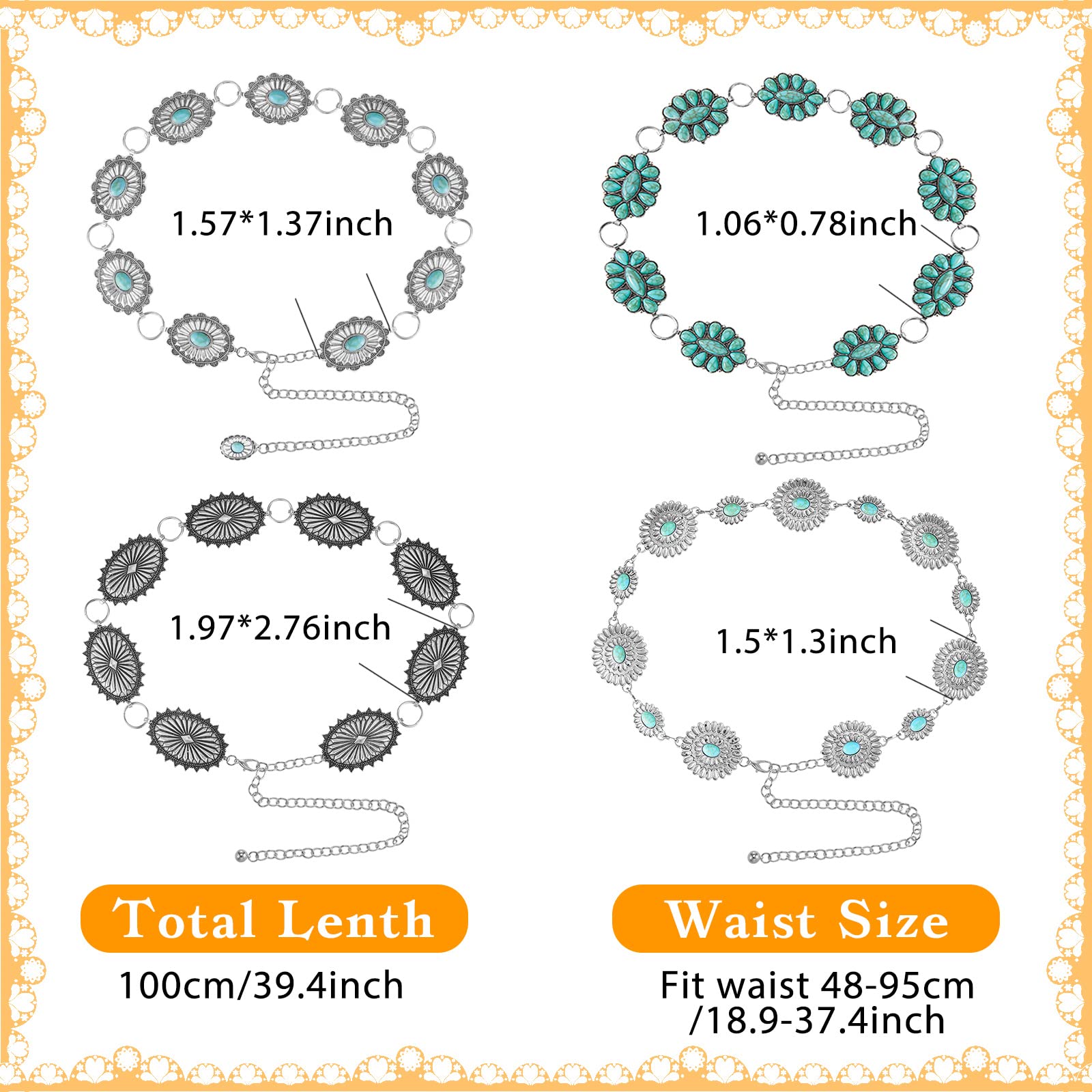 Henoyso Western Metal Belts for Women Silver Oval Flowers Chain Waist Chains for Dresses Jeans Western Cowgirl (Elegant)