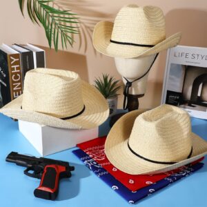 Zhanmai Cowboy Hat and Bandana Set - 18 Set Straw Cowboy Hats and Bandanas for Adult Cowboy Costume Birthday Party Props Supplies (Beige, Red, Black)