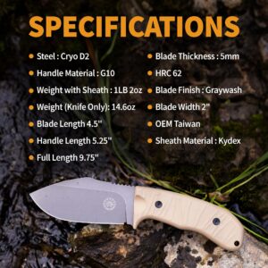 Off-Grid Knives - Alpha-Dog Coyote, Heavy Duty Fixed Blade Knife, 5mm Thick CRYO D2 Blade Steel, Full Tang, G10 Scales & XL Handle (Coyote)