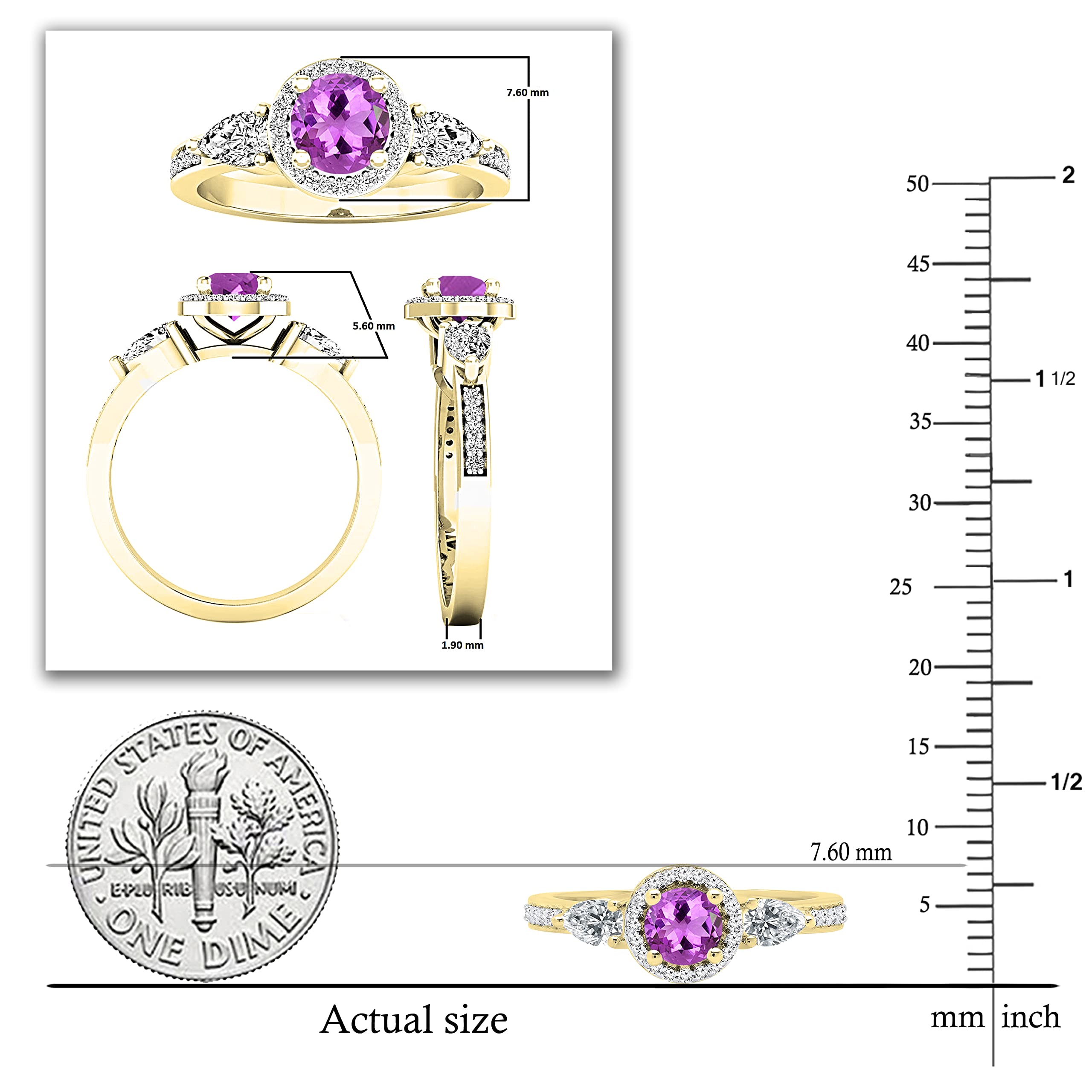 Dazzlingrock Collection 14K 5 MM Round Amethyst, Pear White Sapphire & Round Diamond Ladies Ring, Yellow Gold, Size 7