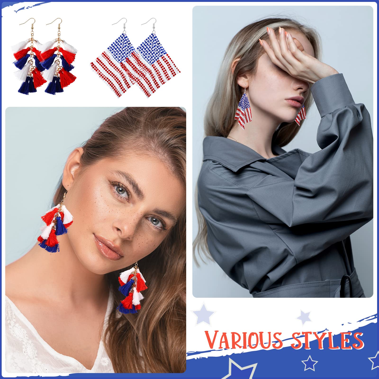 6 Pairs American Flag Earrings Independence Day Earrings Patriotic Earrings Set Red White Blue American USA Flag Earrings 4 of July Teardrop Tassel Rhinestone Drop Earrings Gift for Women