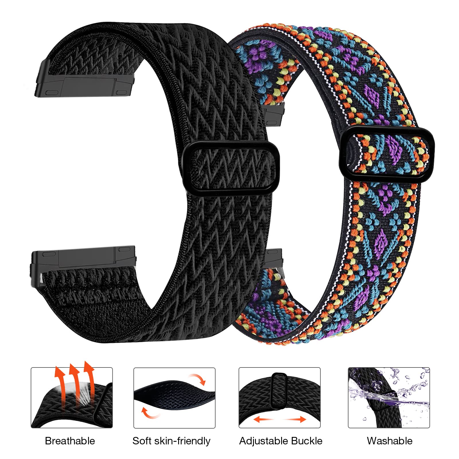 4 Pack Stretchy Bands Compatible with Fitbit Versa 3/ Versa 4/ Sense 2/Fitbit Sense Women Men, Adjustable Elastic Breathable Loop Nylon Replacement Straps