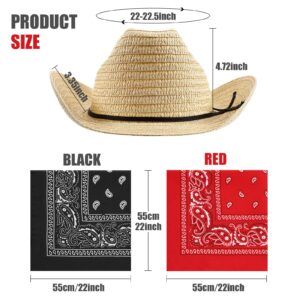 Zhanmai Cowboy Hat and Bandana Set - 18 Set Straw Cowboy Hats and Bandanas for Adult Cowboy Costume Birthday Party Props Supplies (Beige, Red, Black)