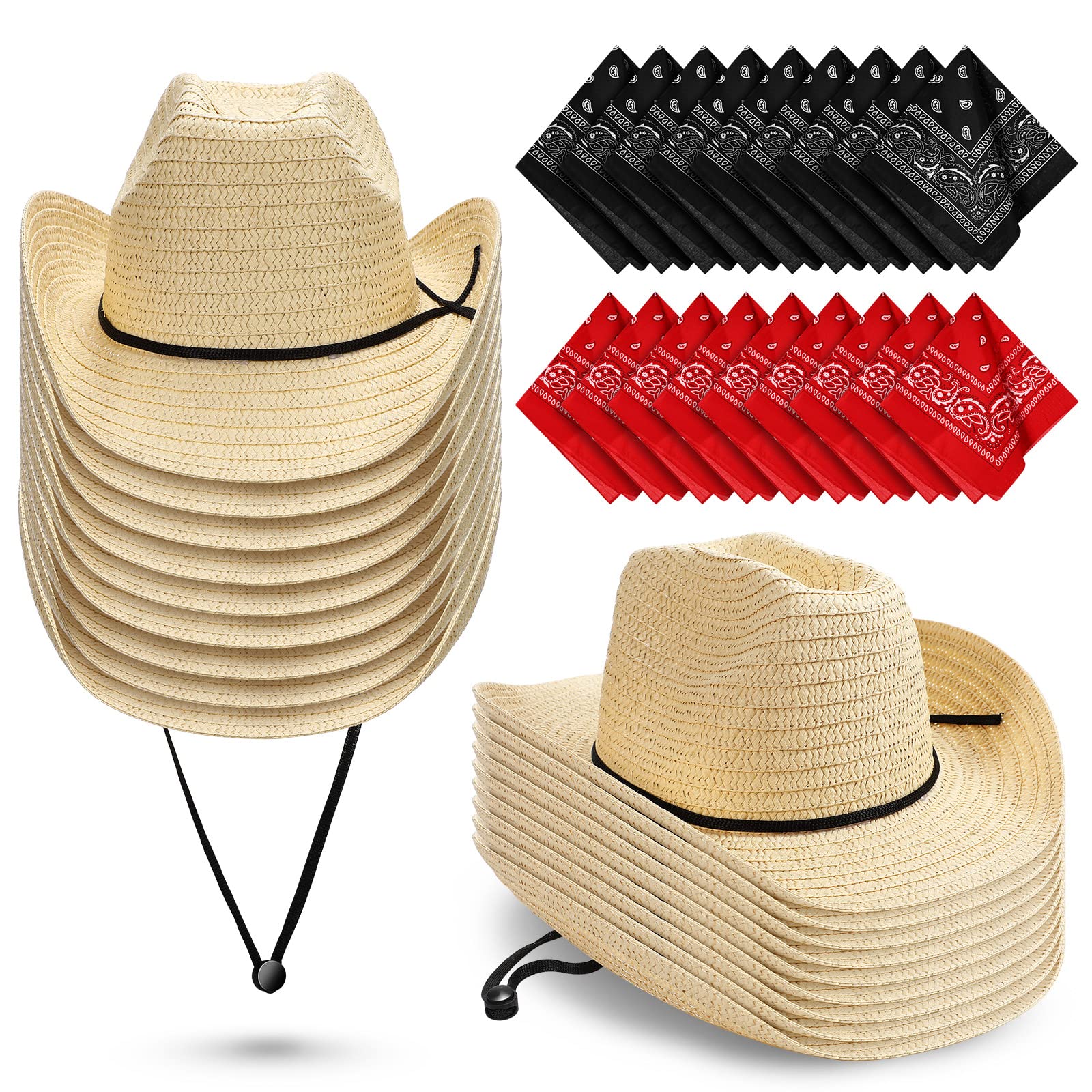 Zhanmai Cowboy Hat and Bandana Set - 18 Set Straw Cowboy Hats and Bandanas for Adult Cowboy Costume Birthday Party Props Supplies (Beige, Red, Black)