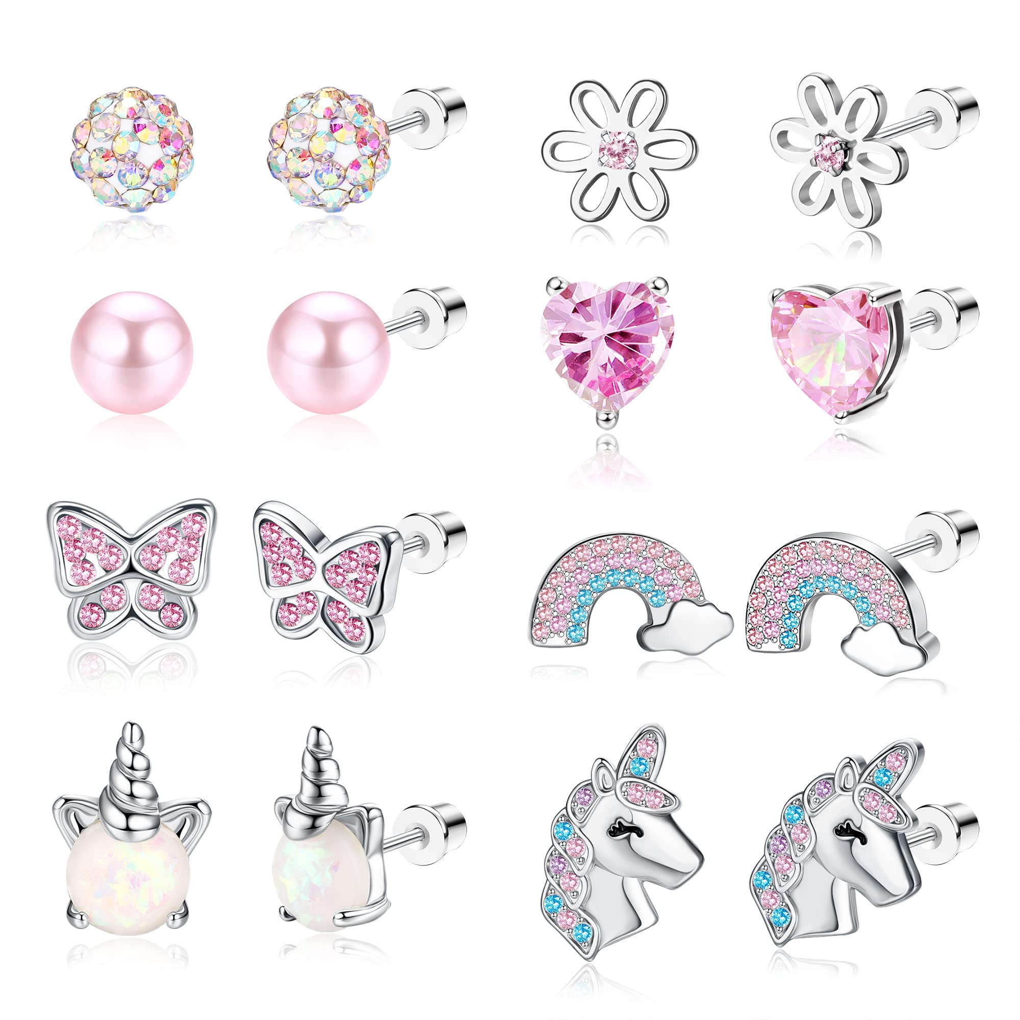 ZELORES 8 Pairs Cute Screw Back Earrings for Women Pink CZ Heart Unicorn Stud Earrings Stainless Steel Flower Butterfly Screwback Earrings Set (Set1)