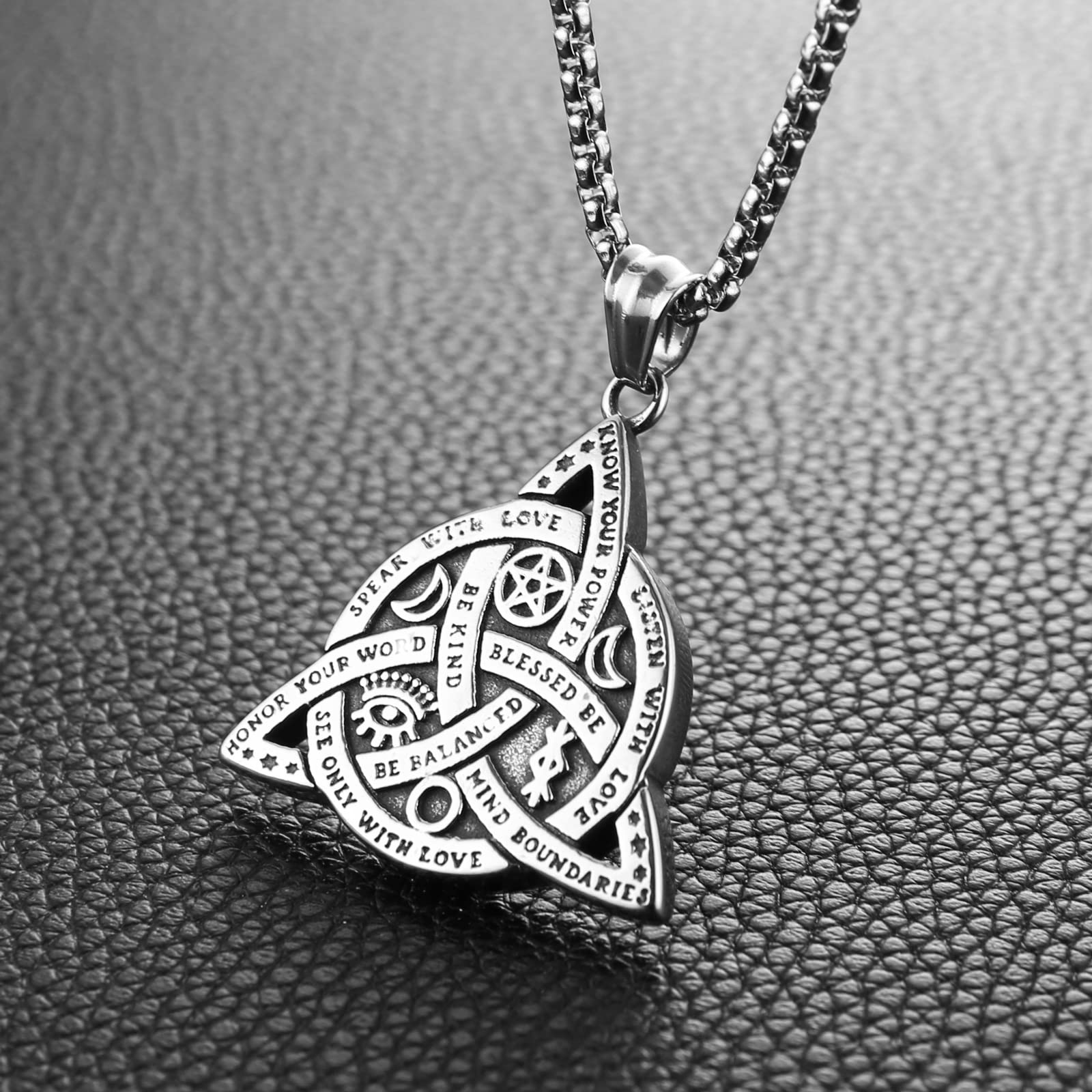 HZMAN Double Sided Stainless Steel Triple Goddess Triquetra Necklace Celtic Knot Irish Christian Trinity Knot Pendant