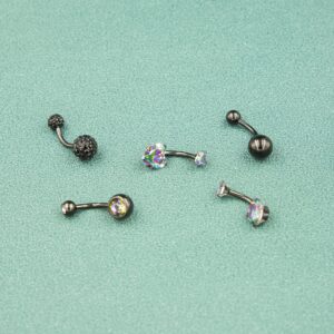 14G Belly Button Ring Stainless Steel Black Navel Ring for Women Clear Round Heart CZ Crystal Belly Bar Body Piercing Internally Threaded Barbell Belly Jewelry Black 5PCS (5PCS Belly Button Ring-Black)