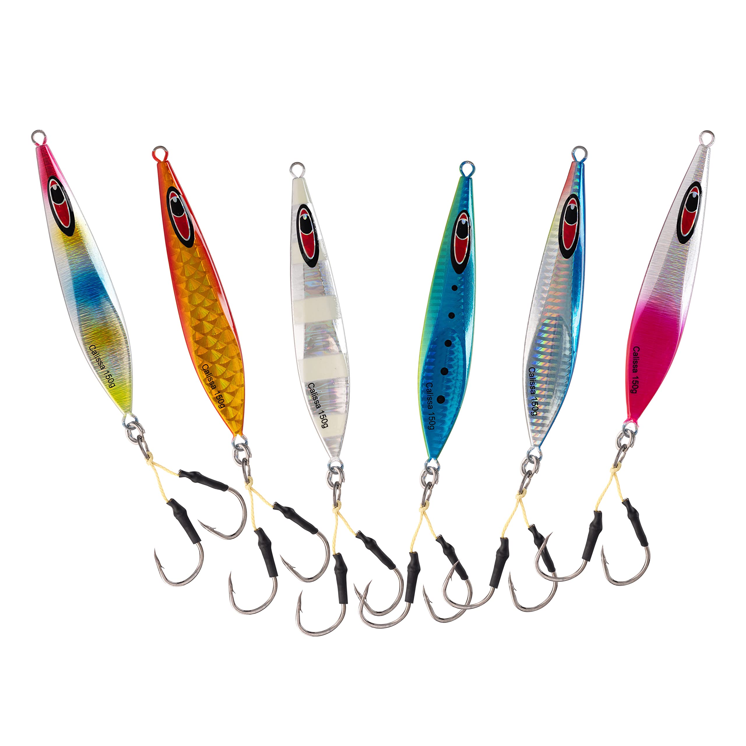 Calissa Offshore Tackle Flat Side Slow Pitch Jig - 80g 150g 250g 300LBS Assist Hooks 3/0 Butterfly - Vertical Jig Speed Lure Slow Pitch Flat (150g - 6 Pack)