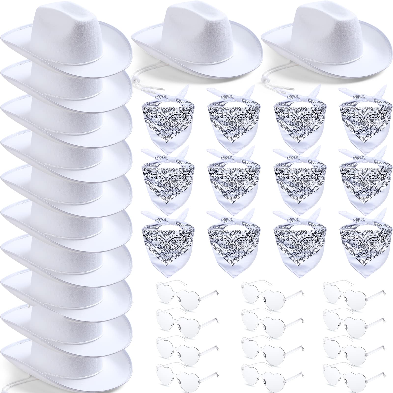 36 Pieces Adult Cowboy Hat with Bandanna Heart Sunglasses Unisex Felt Cowboy Hat Men Women Western Party Hat Cowboy Costume (White)