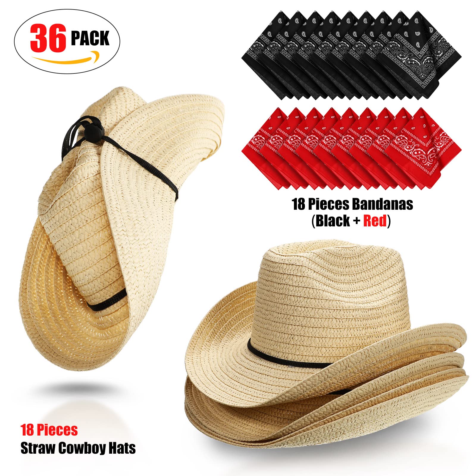 Zhanmai Cowboy Hat and Bandana Set - 18 Set Straw Cowboy Hats and Bandanas for Adult Cowboy Costume Birthday Party Props Supplies (Beige, Red, Black)