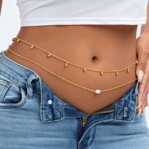 Wriidy Layered Beads Waist Chain Multilayer Bead Belly Chain Pearl Body Jewelry Accessories for Women(Gold/Silver) (Gold-fit for 31-38 inch waist)