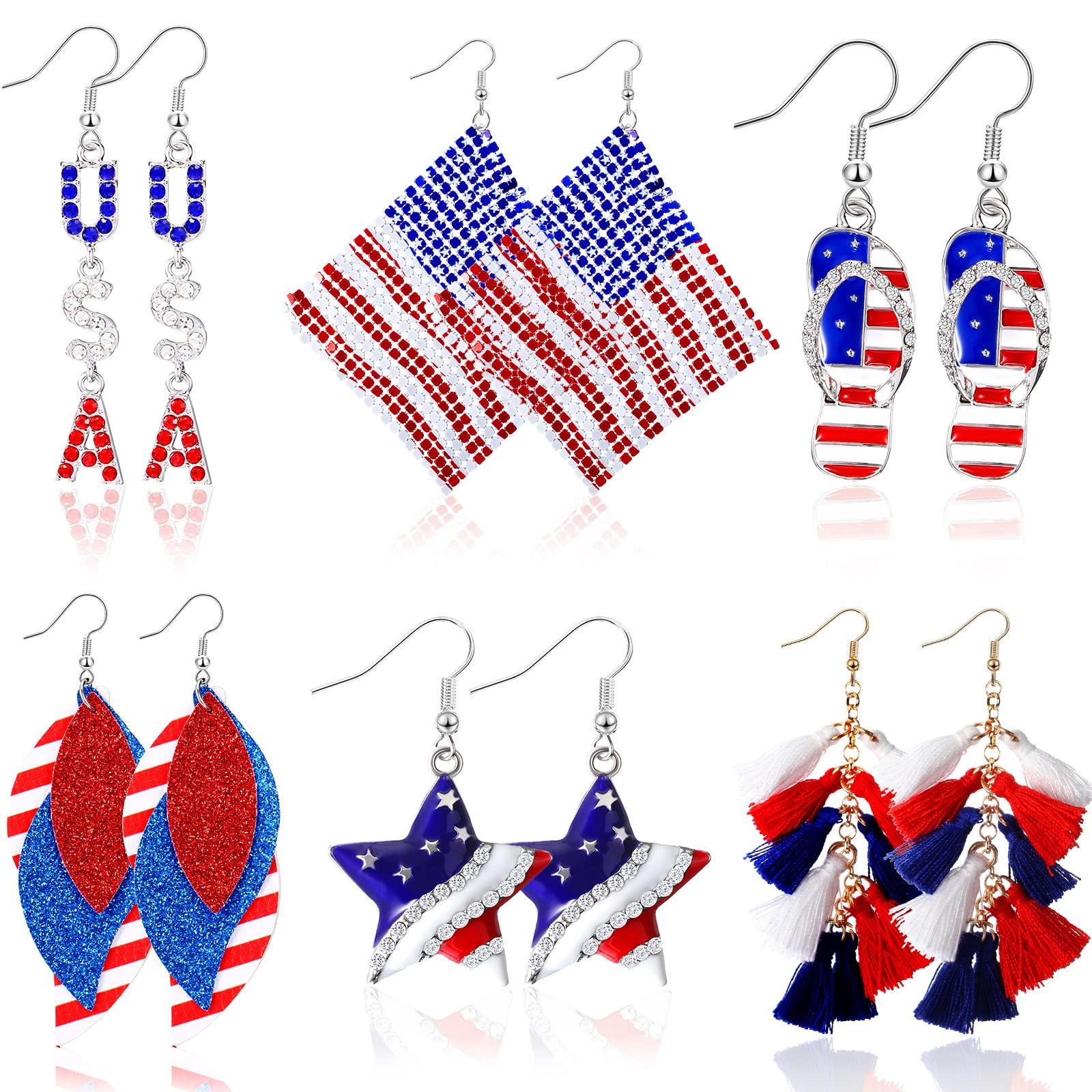 6 Pairs American Flag Earrings Independence Day Earrings Patriotic Earrings Set Red White Blue American USA Flag Earrings 4 of July Teardrop Tassel Rhinestone Drop Earrings Gift for Women