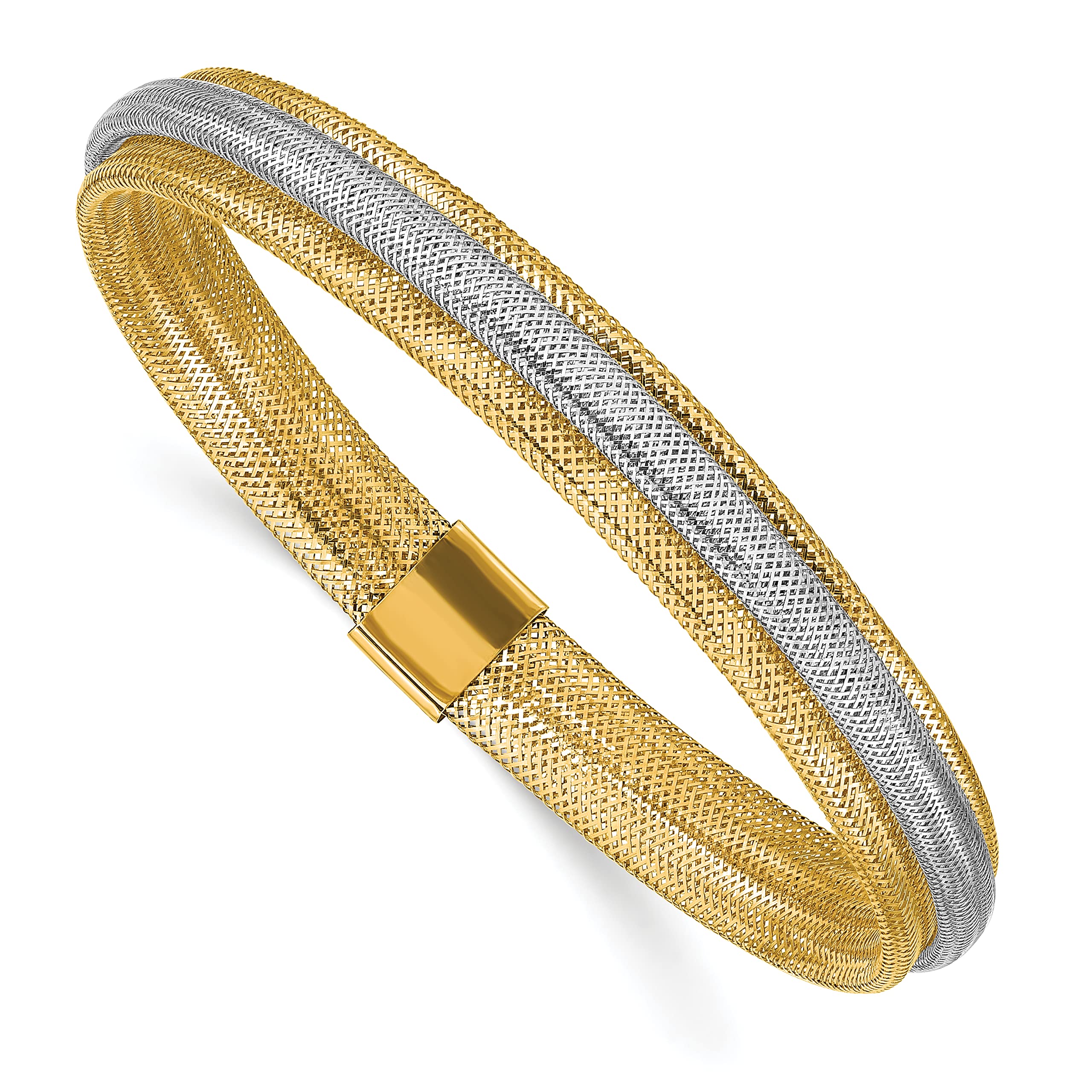 Avariah 14K Yellow Gold w/Rhodium Polished Mesh Stretch Bracelet - Made In Italy