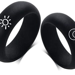 YUNGELX Sun Moon Best Friend Ring Silicone Couple Matching Ring Set for Him Her 8MM Black Breathable Silicone Rubber Dome Rings Comfort Fit Wedding Band for Girlfriend Boyfriend,Size 7 + Size 9