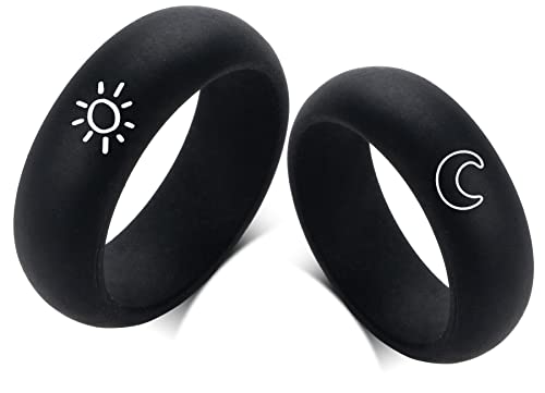 YUNGELX Sun Moon Best Friend Ring Silicone Couple Matching Ring Set for Him Her 8MM Black Breathable Silicone Rubber Dome Rings Comfort Fit Wedding Band for Girlfriend Boyfriend,Size 7 + Size 9