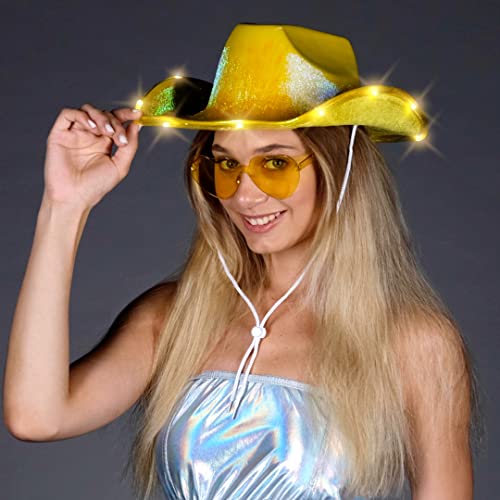 Funcredible Gold Light Up Cowboy Hat and Glasses - Led Cowgirl Hat for Girls - Neon Cowboy Hat - Cowgirl Costume Accessories for Women