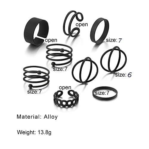 Black Rings for Women, Vintage Stackable Black Knuckle Rings Set Women Midi Rings Boho Crystal Pearl Sea Wave Finger Ring Pack (E-black-9pcs)