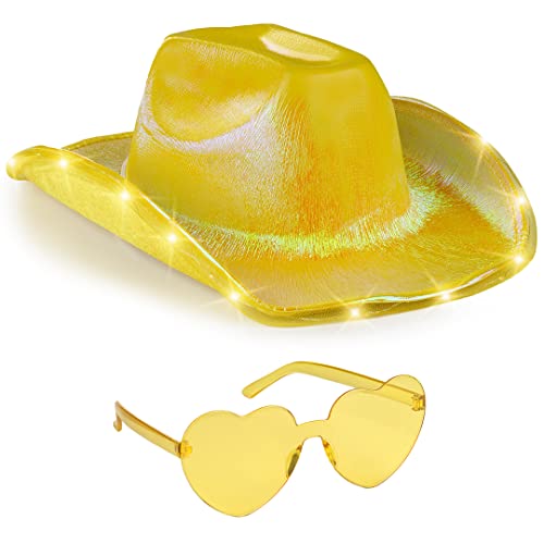 Funcredible Gold Light Up Cowboy Hat and Glasses - Led Cowgirl Hat for Girls - Neon Cowboy Hat - Cowgirl Costume Accessories for Women