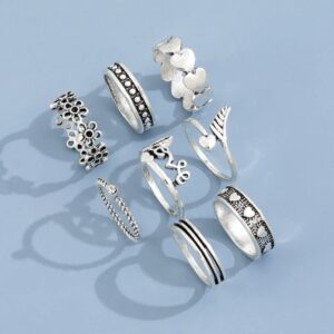 Chmier 8 Pcs Boho Retro Silver Midi Rings Set Flower Band Joint Rings Love Heart Cupid's Arrow Stackable Rings for Women