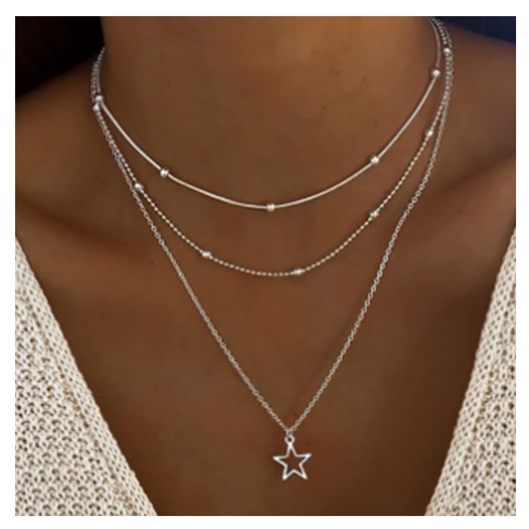 Shegirl Boho Choker Necklaces Star Layered Necklace Silver Necklace Chain Jewelry for Women