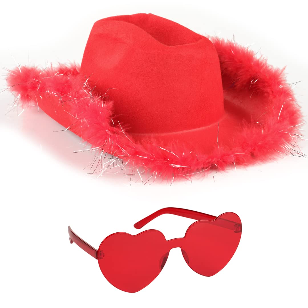 Funcredible Red Cowboy Hat and Glasses - Fluffy Cowgirl Hat with Star for Girls - Cowboy Hat with Feathers - Cowgirl Accessories - Halloween Accessories for Women