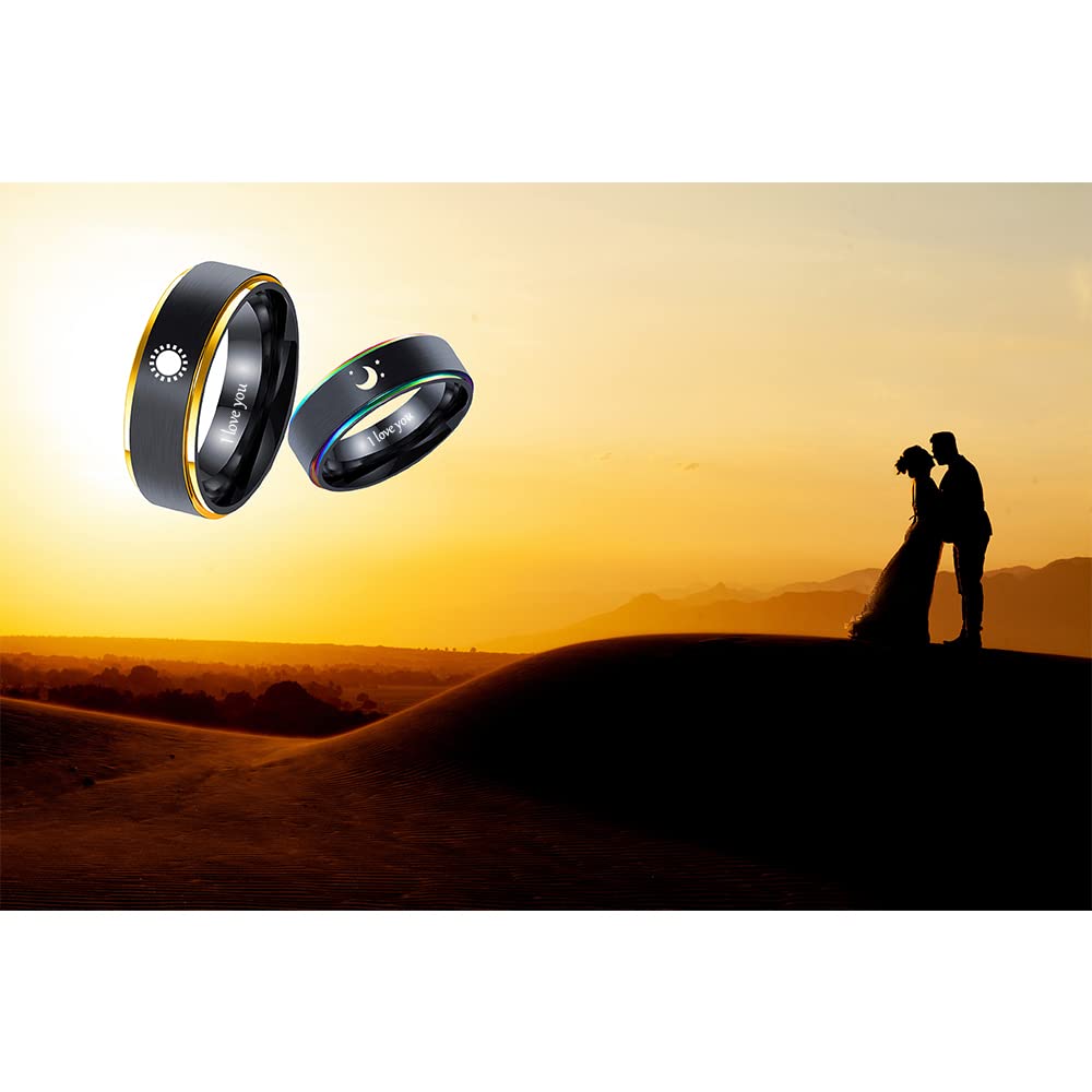 2pcs Sun and Moon Promise Rings for Couples Matching Rings for Couples Stainless Steel Customizable Black Couples Rings for Him and Her Set Engagement Wedding Ring Set for Women Men Christmas Gift Valentine's Day Jewelry (Style-1)