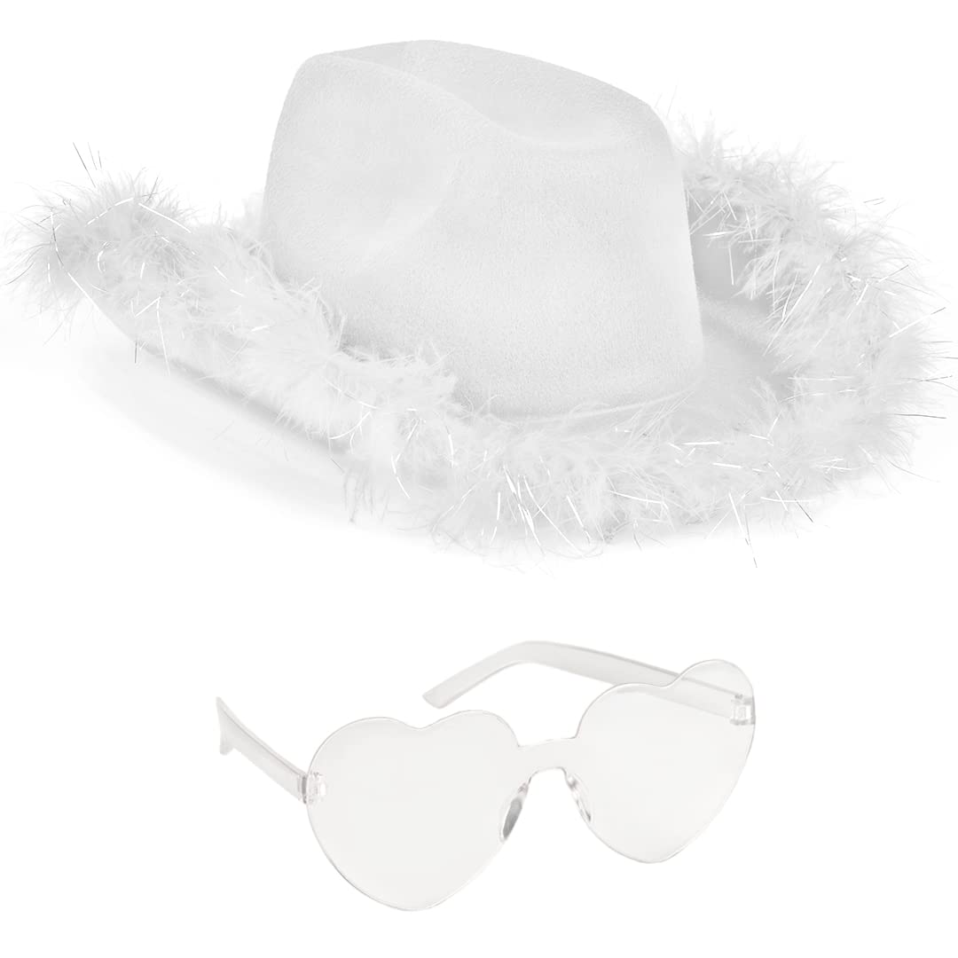 Funcredible White Cowboy Hat and Glasses - Fluffy Cowgirl Hat with Star for Girls - Cowboy Hat with Feathers - Cowgirl Accessories - Halloween Accessories for Women