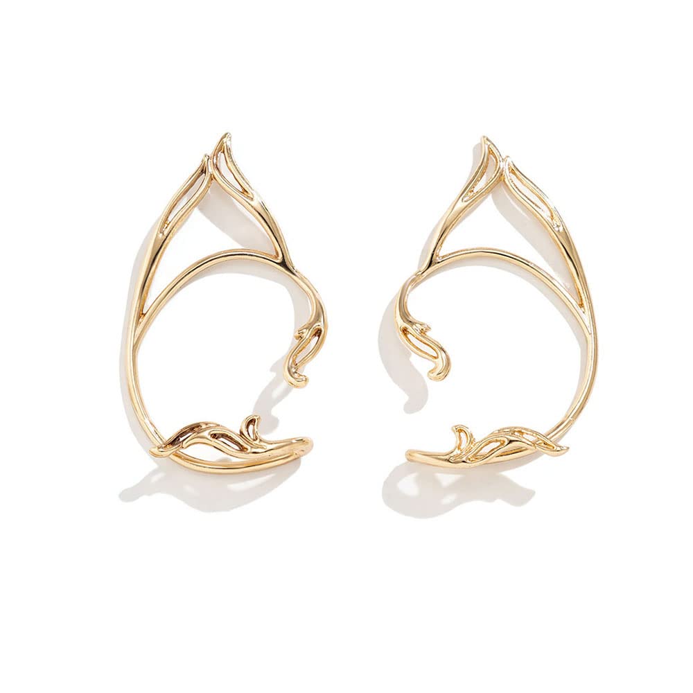 Asphinien Gothic Elves Ear Cuffs 2pcs Non-Pierced Cat Ear Wrap Hollow Cartilage Climber Earrings Punk Hip Hop Clip on Statement Earrings Gift for Women (Gold)