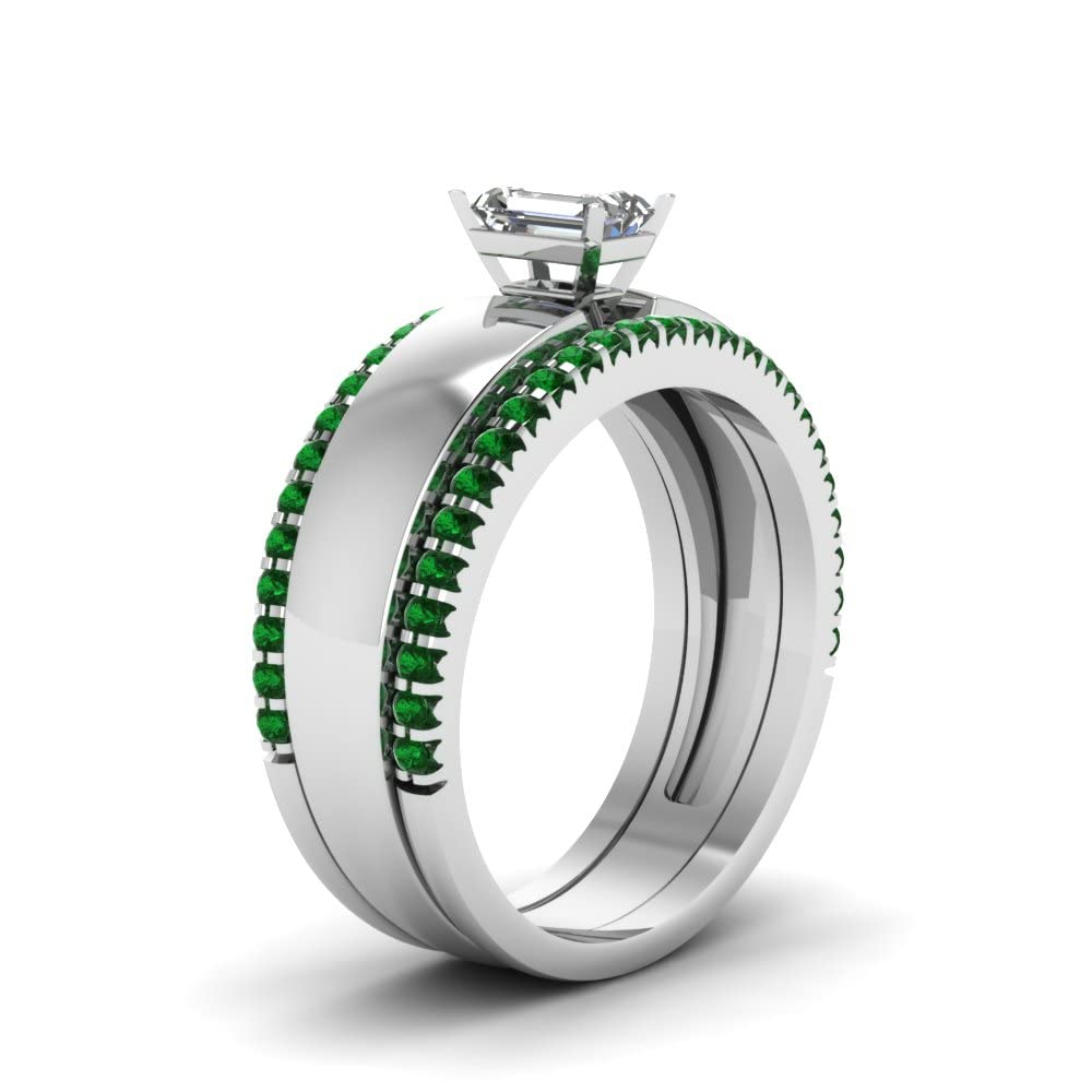 CaratYogi Solitaire Ring With Diamond Band sterling silver Created Emerald Emerald shape Green color Trio Wedding Ring Sets NO setting in Size 5 Minimal Surprise Gifts for Ladies