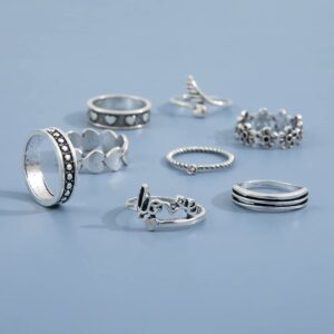 Chmier 8 Pcs Boho Retro Silver Midi Rings Set Flower Band Joint Rings Love Heart Cupid's Arrow Stackable Rings for Women