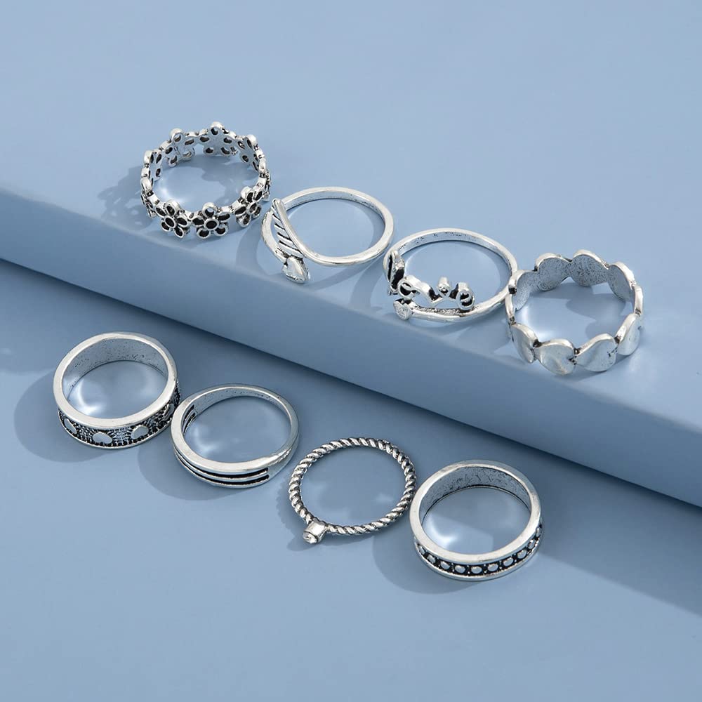 Chmier 8 Pcs Boho Retro Silver Midi Rings Set Flower Band Joint Rings Love Heart Cupid's Arrow Stackable Rings for Women