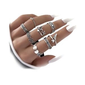 chmier 8 pcs boho retro silver midi rings set flower band joint rings love heart cupid's arrow stackable rings for women