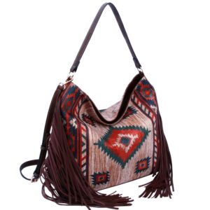 Aztec Tribal Print Canvas Vegan Leather Side Fringe Large Hobo Tote Handbag Wallet Set (Stone)