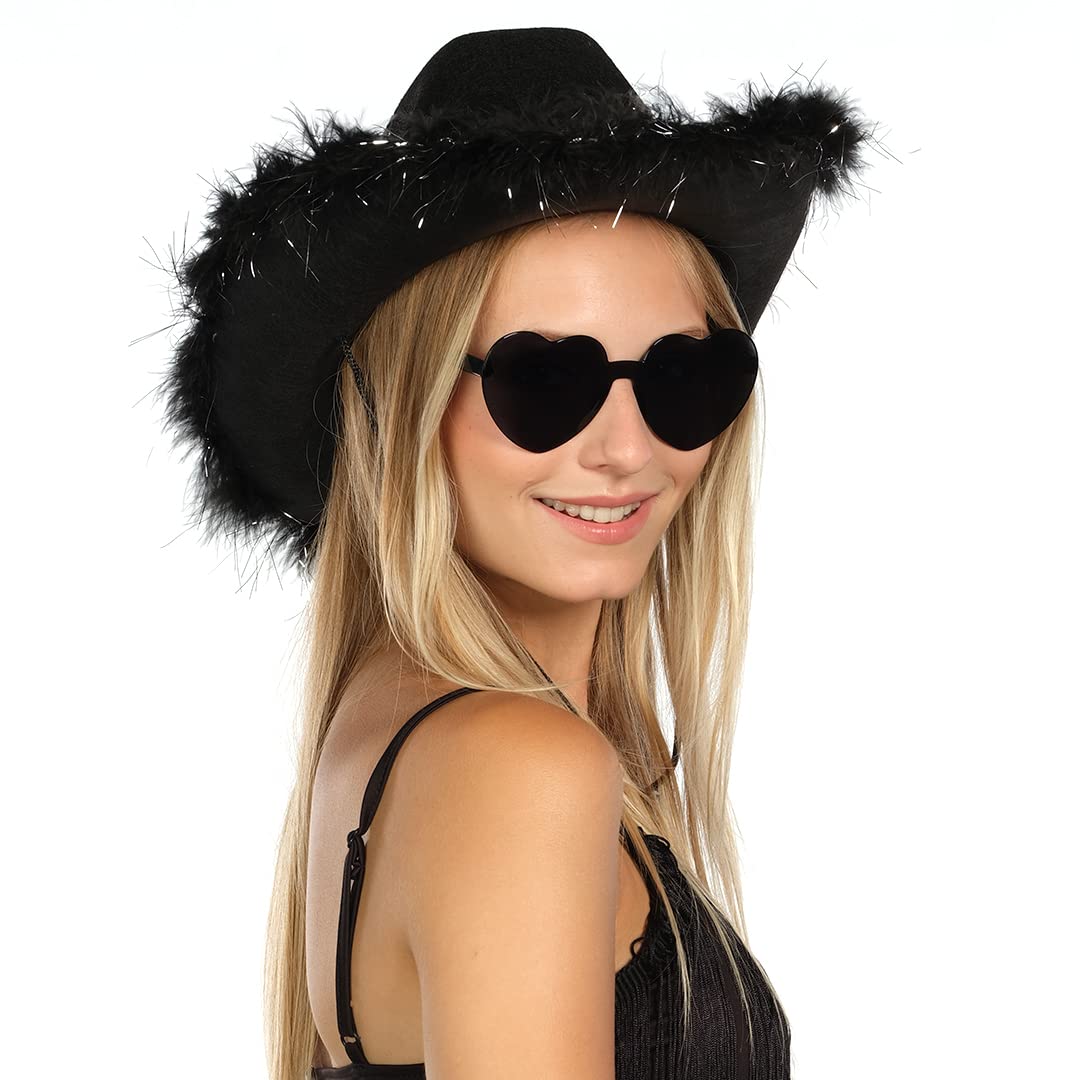 Funcredible Black Cowboy Hat and Glasses - Fluffy Cowgirl Hat with Star for Girls - Cowboy Hat with Feathers - Cowgirl Accessories - Halloween Accessories for Women