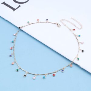 Yheakne Boho Rainbow Crystal Necklace Choker Multiple Cz Crystal Dangle Necklace Colorful Gem Choker Necklace Beach Rainbow Bead Necklace Chain Jewelry for Women and Girls