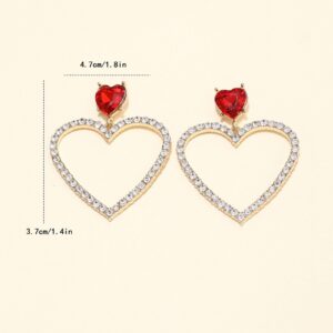 YienDoo Heart Crystal Hoop Drop Earrings Red Ruby Heart Stud Rhinestones Cluster Hollow Love Heart Dangle Earrings Gold Sparkly Exaggerated Bridal Prom Earrings Jewelry for Women Girls