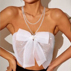 Wriidy Rhinestone Bra Bikini Sparkly Beach Top Mesh Fishnet Pearl Underwear Body Chain Accessories Nightclub Jewelry for Women and Girls (White)