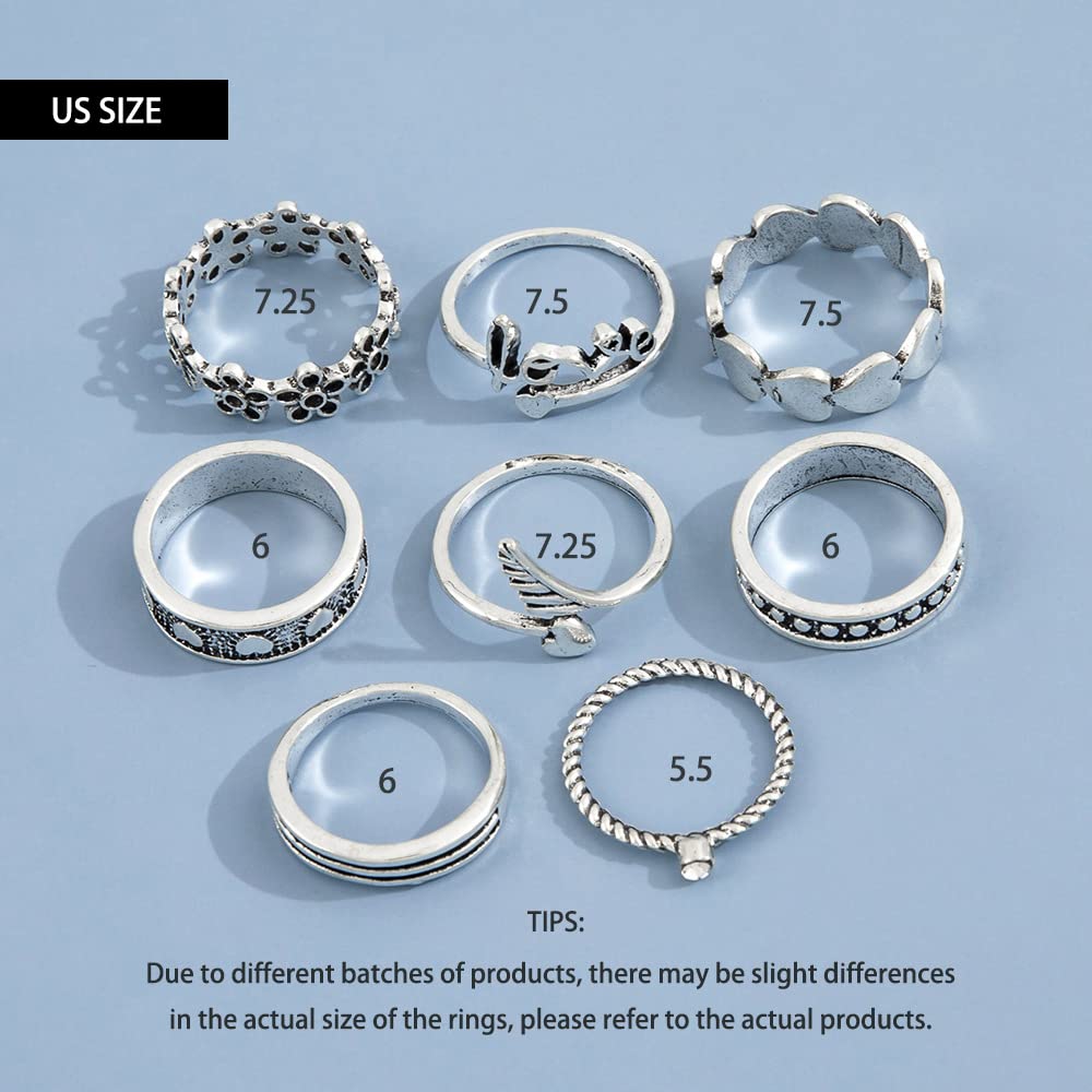 Chmier 8 Pcs Boho Retro Silver Midi Rings Set Flower Band Joint Rings Love Heart Cupid's Arrow Stackable Rings for Women