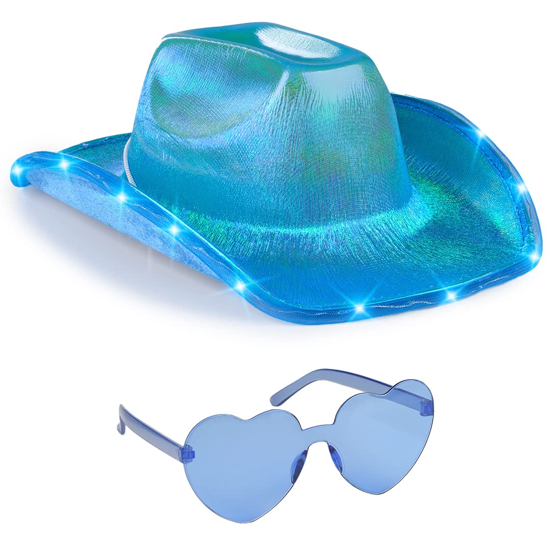 Funcredible Blue Light Up Cowboy Hat and Glasses - Led Cowgirl Hat for Girls - Neon Cowboy Hat - Cowgirl Costume Accessories for Women