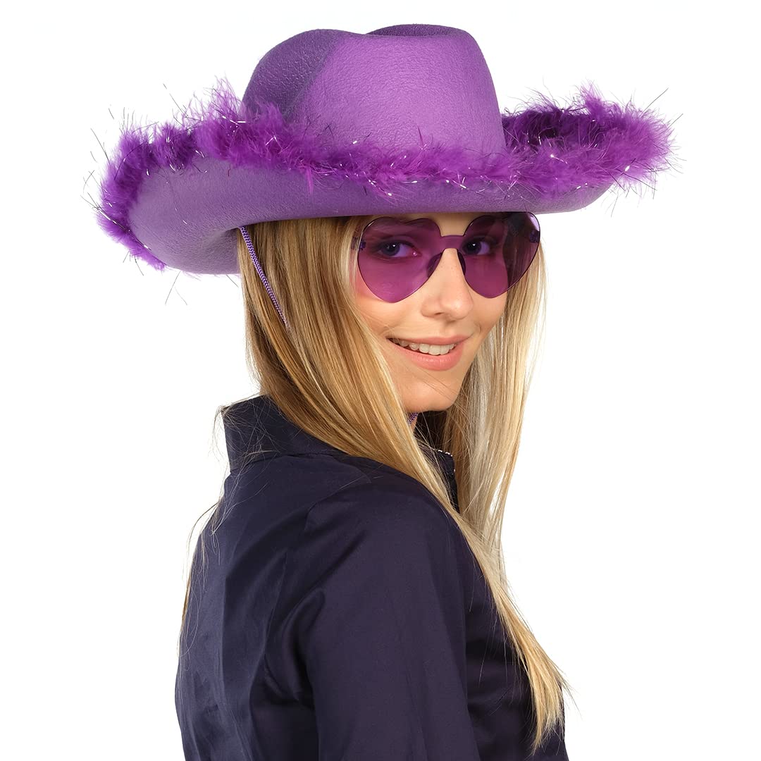 Funcredible Purple Cowboy Hat and Glasses - Fluffy Cowgirl Hat with Star for Girls - Cowboy Hat with Feathers - Hannah Costume - Halloween Accessories for Women