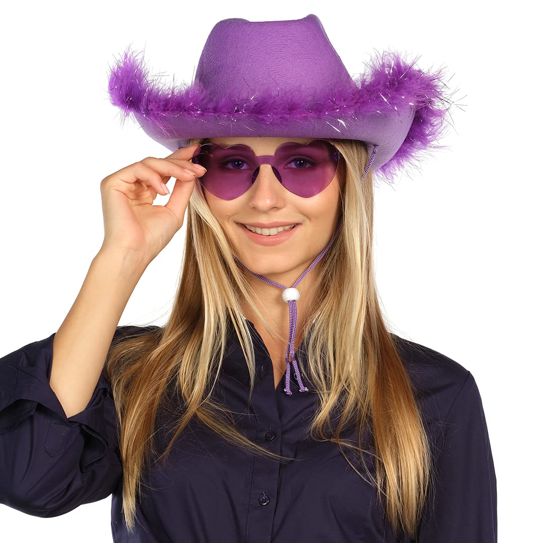 Funcredible Purple Cowboy Hat and Glasses - Fluffy Cowgirl Hat with Star for Girls - Cowboy Hat with Feathers - Hannah Costume - Halloween Accessories for Women