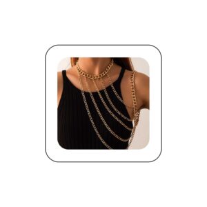 YienDoo Sexy Harness Body Chain Boho Gold Necklace Choker Shoulder Chain Multi Row Chunky Cuban Arm Chain Unique Layered Shoulder Necklace Body Chain Jewelry Accessories for Women