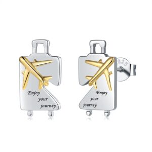 graduation gifts for her earrings,sterling silver luggage airplane graduated stud earring engraved "enjoy your journey", sterling silver, no gemstone