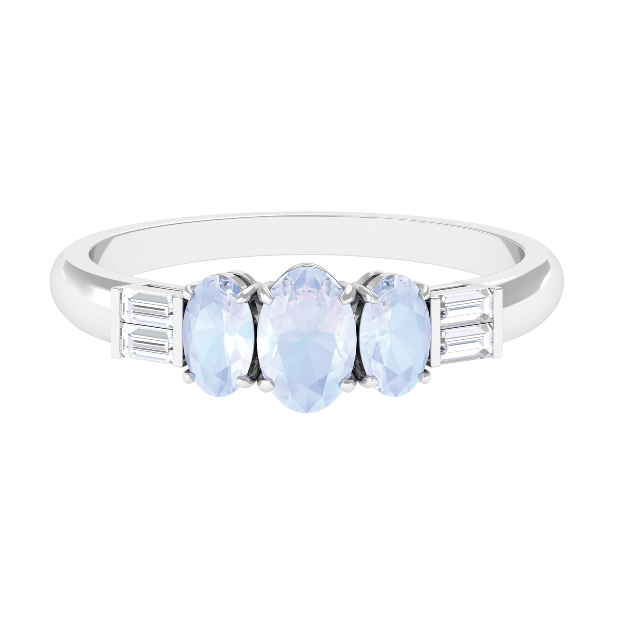 Rosec Jewels Moonstone Oval Cut Three Stone Ring with Diamond, Aaa Quality, 14K White Gold, Size:US 6.00