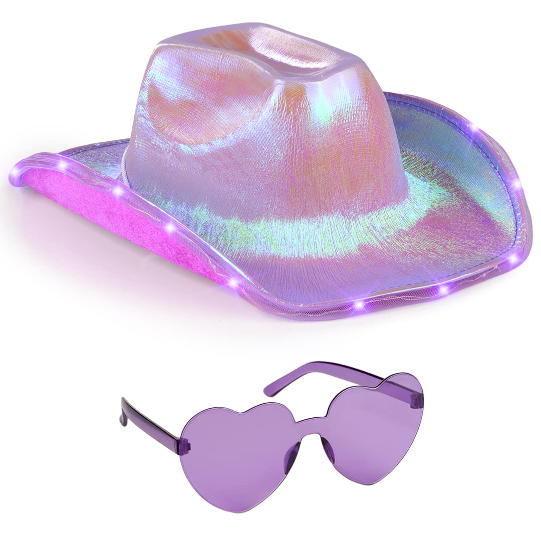 Funcredible Purple Light Up Cowboy Hat and Glasses - Led Cowgirl Hat for Girls - Neon Cowboy Hat - Taylor Costume - Cowgirl Costume Accessories for Women