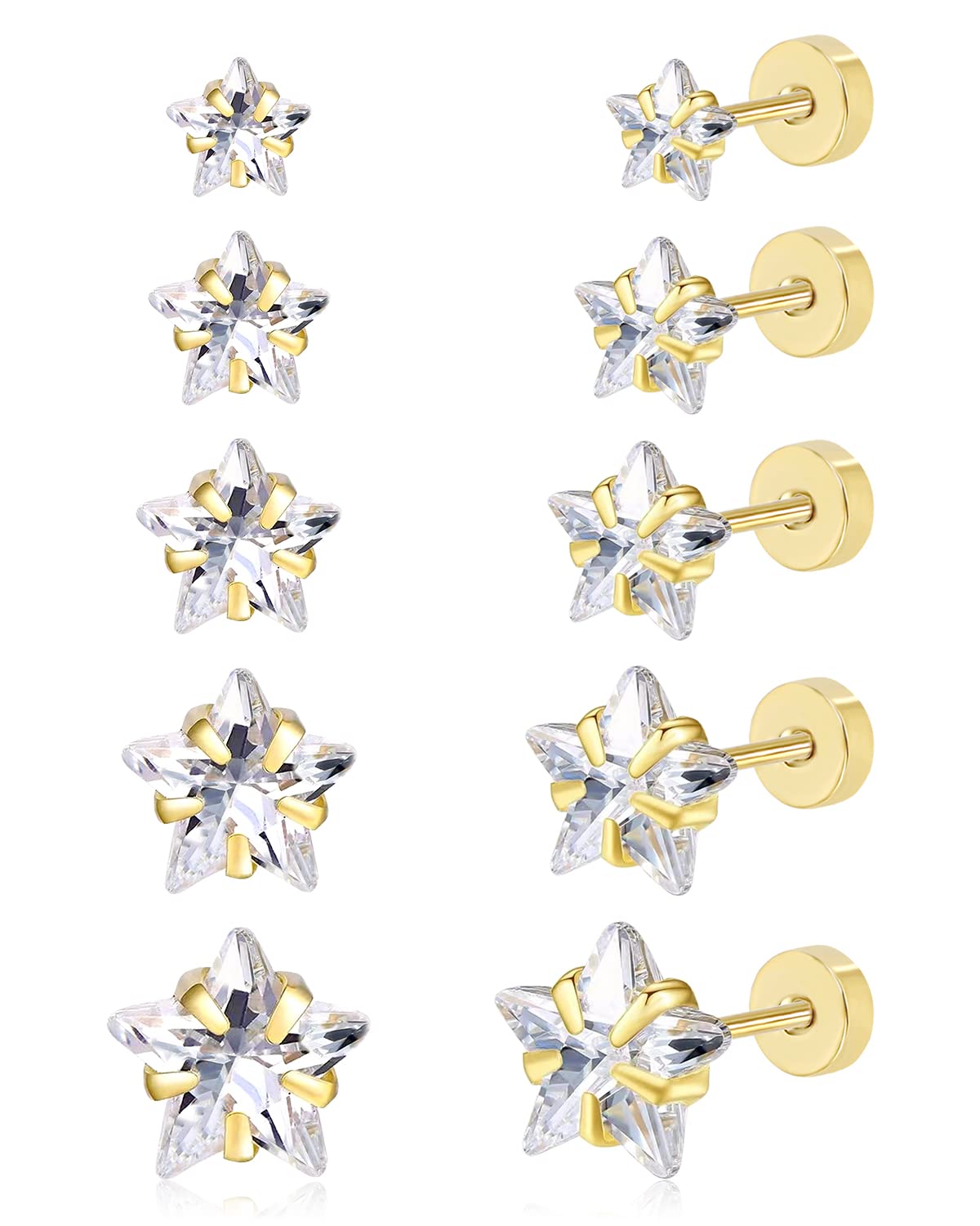 DAILI 5 Pairs Cubic Zirconia Earrings Studs: Gold Flat Back Stud Earrings for Women Hypoallergenic Surgical Stainless Steel Star CZ Stud Earrings for Helix Cartilage 3-8mm